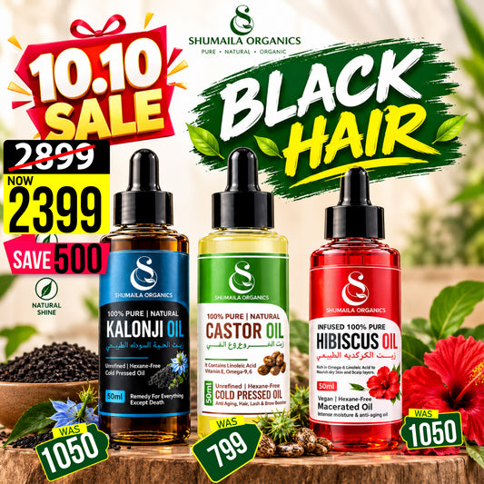 Black Hair Bundle – Kalonji Oil, Castor Oil, & Pure Infused Hibiscus Oil
